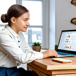A professional Polish small business owner, fully clothed in modest business casual attire, sitting at a wooden desk in a cozy, well-lit bakery office. They are looking at a laptop screen displaying a user-friendly AI chatbot interface, with a warm, inviting atmosphere and subtle traditional Polish decorative elements in the background. Perfect anatomy, correct proportions, natural pose, well-formed hands, proper finger count, natural body proportions, professional photography, high quality, safe for work, appropriate content, family-friendly.