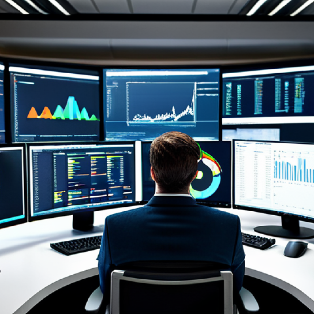**A modern office scene:** A data scientist, fully clothed in professional attire, sitting at a desk with multiple monitors displaying code and charts. The background includes a bright, collaborative workspace with colleagues in the distance. Safe for work, appropriate content, perfect anatomy, natural pose, high quality, professional.