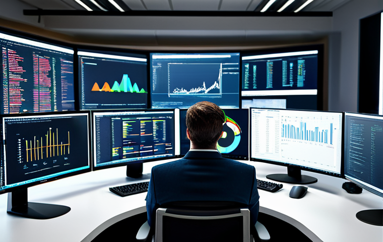 **A modern office scene:** A data scientist, fully clothed in professional attire, sitting at a desk with multiple monitors displaying code and charts. The background includes a bright, collaborative workspace with colleagues in the distance. Safe for work, appropriate content, perfect anatomy, natural pose, high quality, professional.