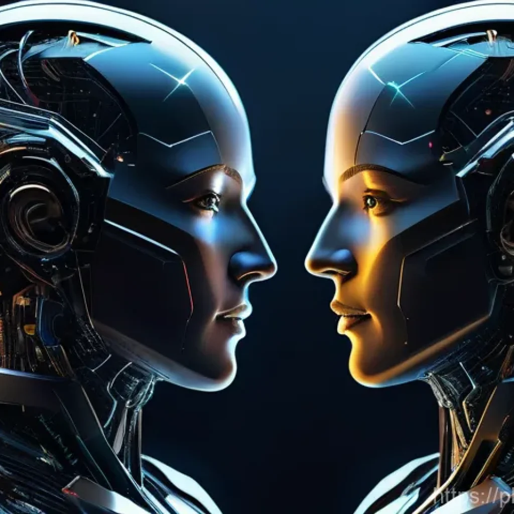 Transformer와 Graph Neural Networks의 관계 - A stunning, futuristic depiction of two advanced AI entities gracefully merging and collaborating. O...