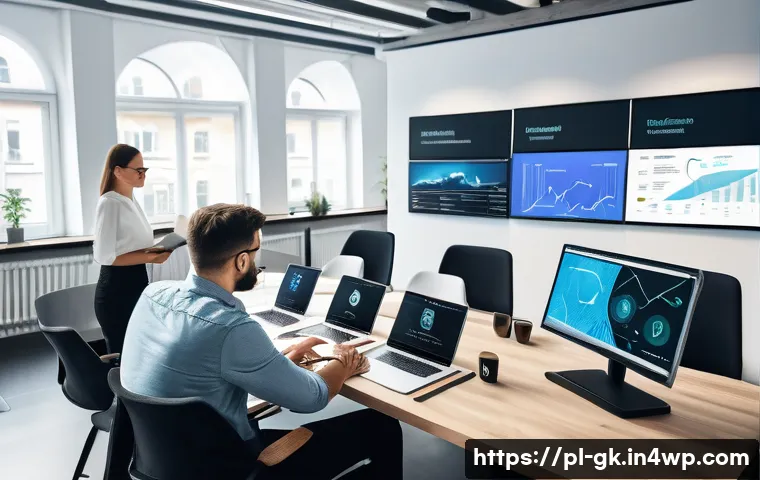 Transformer 기반의 텍스트 요약 기법 - A modern office scene in Warsaw, Poland, showing a diverse team of professionals collaborating aroun...